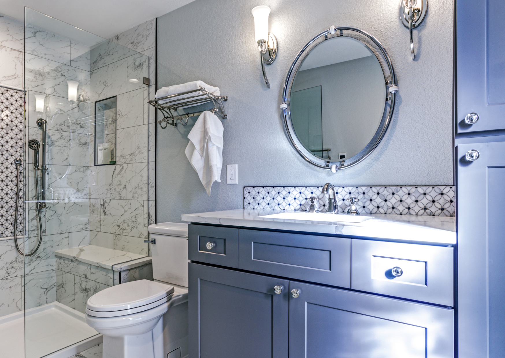Blue marble tiled shower room
